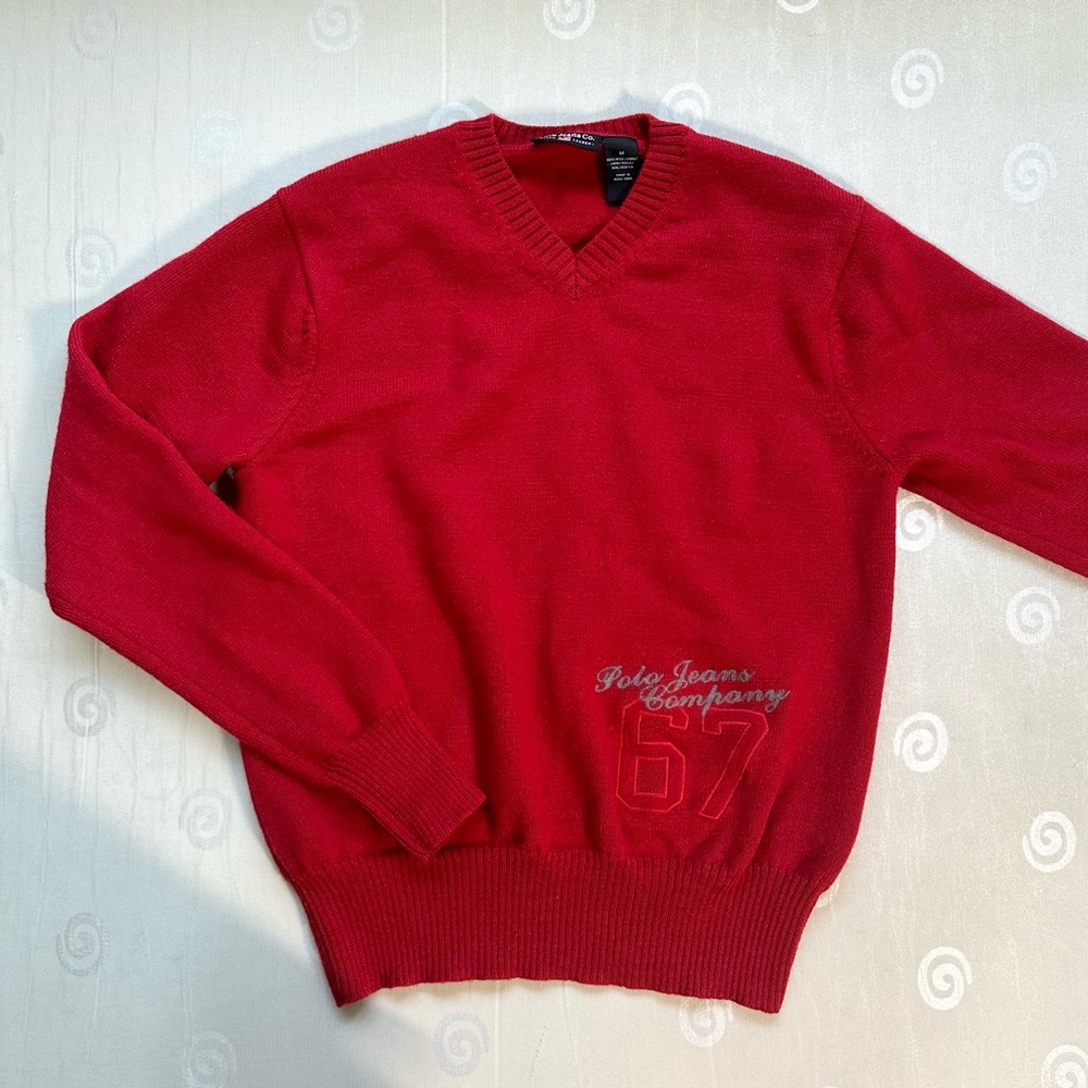 vintage 2000s Polo Ralph Lauren Red V-neck wool graphic sweater size medium